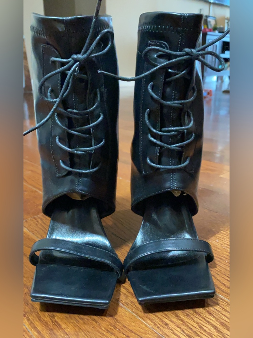 Brand New Lace-Up Black Square-Toe High Heel Sandals